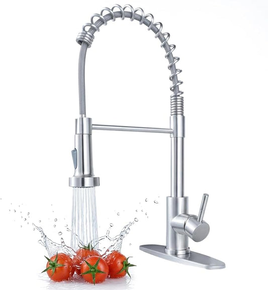 Kitchen Faucet with Pull Down Sprayer, Brushed Nickel Stainless Steel Commercial High Arc Spring Farmhouse RV Laundry Wet Bar Sink Faucet Single Handle Dual Function 1 or 3 Hole