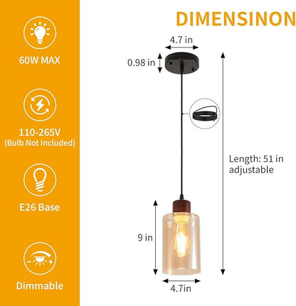 Modern Wood Pendant Lighting for Kitchen Island, Farmhouse Pendant Light Fixtures 2 Pack, Adjustable Hanging Ceiling Light with Amber Glass Shade