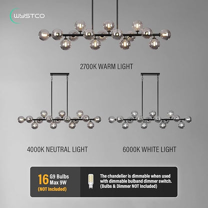 56 Inch Black Linear Chandeliers for Dining Room, Kitchen Island, Living Room, 16-Light Mid Century Modern Light Fixture Over Table, Large Smoke Grey Glass Globe Sputnik Bubble Chandelier