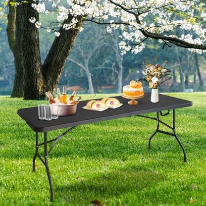 GlowSol Folding Table 6FT, Heavy Duty Portable Plastic Folding Table with Handle, Anti-Slip Feet, Waterproof, Easy to Clean, 300LBS Capacity, Foldable for Indoor Outdoor Use, Black