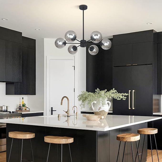 KCO Lighting Mid Century Modern Globe Sputnik Chandelier 6-Light Smoke Gray Glass Globe Flush Mount Ceiling Light Black Farmhouse Kitchen Island Lighting Fixture (Black+Smoke Gray)