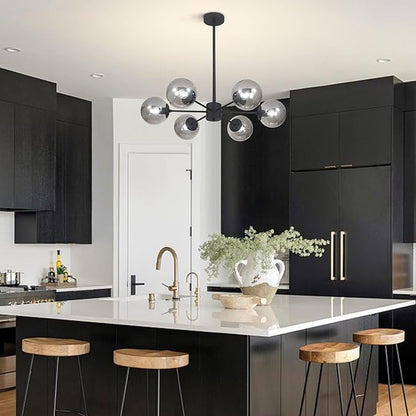 KCO Lighting Mid Century Modern Globe Sputnik Chandelier 6-Light Smoke Gray Glass Globe Flush Mount Ceiling Light Black Farmhouse Kitchen Island Lighting Fixture (Black+Smoke Gray)
