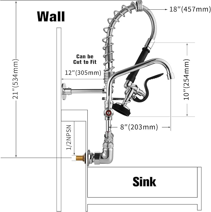 Commercial Kitchen Faucet with Sprayer 21" Height 8" Adjustable Center 8" Swing Spout, Wall Mount Kitchen Sink Faucet with Pull Down Pre-Rinse Sprayer