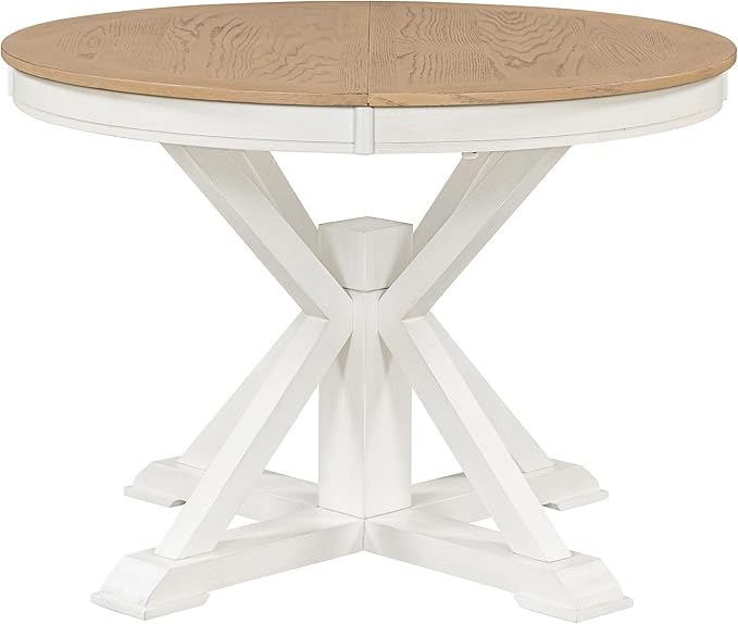 Ball & Cast Farmhouse Extendable Dining Table for 4-6, 42"-54" Extendable Kitchen-Table with a 12" Leaf, Round Ellipse Retro Wood Dining Room-Table w/Removable Leaves,Space Saving, Oak+Off White