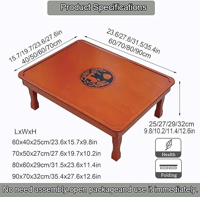 SH-tables Folding Coffee Table, Japanese-Style Square Low Wood Table, for Tatami Sitting on The Floor Bedroom Bay Window Tea Room (Size : 60×40×25cm)