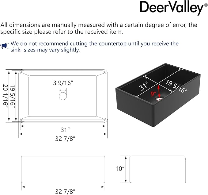 DeerValley Black Farmhouse Sink 33 Inch Fireclay Farmhouse Kitchen Sink Undermount Workstation Single Bowl Kitchen with Ledge and Workstation Accessories