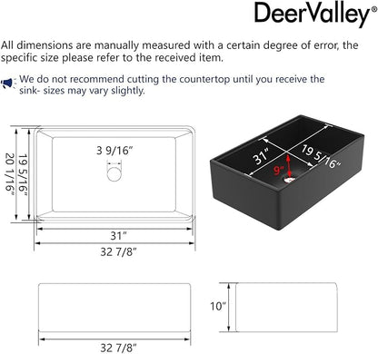 DeerValley Black Farmhouse Sink 33 Inch Fireclay Farmhouse Kitchen Sink Undermount Workstation Single Bowl Kitchen with Ledge and Workstation Accessories