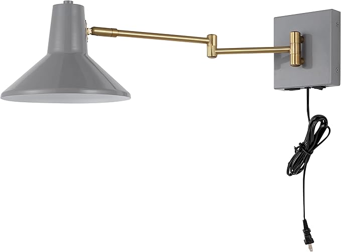JONATHAN Y 16" Grey/Brass Gold 1-Light Modern Swing Arm Sconce with USB Port, Plug-in Midcentury LED Bedside Lamp with White Iron Shade for Bedroom Living Room (JYL1302C)
