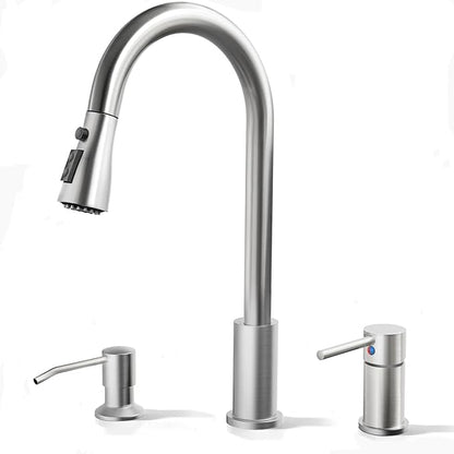 3 Hole Kitchen Faucets, Brushed Nickel Kitchen Faucet with Soap Dispenser, Kitchen Faucets with Pull Down Sprayer and Single Side Handle 3 Pieces, Stainless Steel High Arc Kitchen Sink Faucet