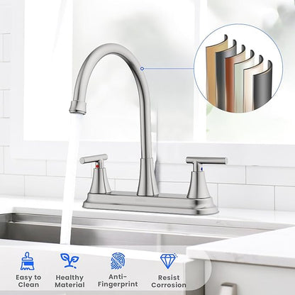 HURRAN 2 Handle Kitchen Sink Faucet, 8 Inch High Arc 360°Swivel Kitchen Sink Faucet, 3 Hole Kitchen Faucet Without Side Sprayer, Centerset RV Kitchen Faucet with Stainless Steel Pipe, Nickel
