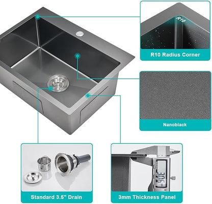 22 x 18 inch Drop-in Kitchen Sink, Single Bowl Single Hole 304 Stainless Steel Topmount Kitchen Sink, Black