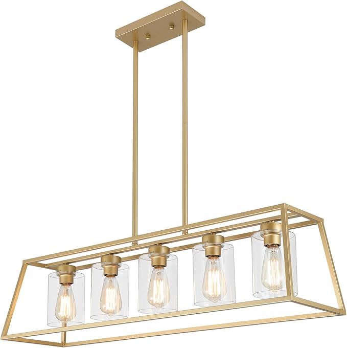 5-Light Gold Chandeliers for Dining Room | Modern Kitchen Island Light Fixture | Rectangle Chandelier for with Clear Glass Shade | Apply to Dining Room Light fixtures Over Table