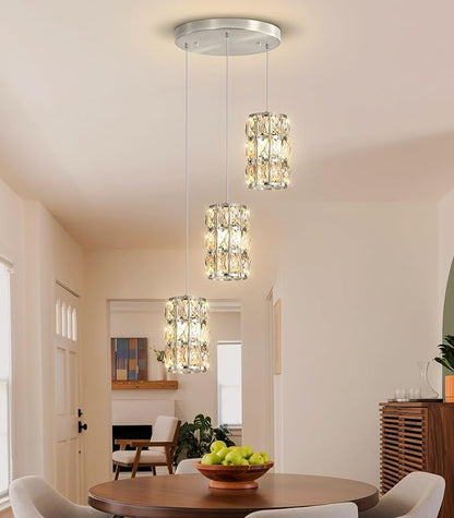 3-Lights Modern Crystal Pendant Lights for Kitchen Island LED Dimmable Glam Pendant Lighting Chandelier for Dining Room Hallway Corner Lamp Nickel