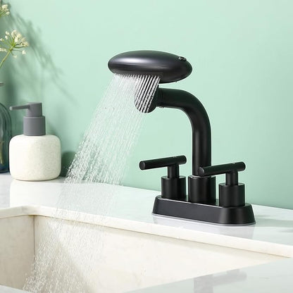 TUTEW Bathroom Sink Faucet 3 Hole Matte Black 4 Inch Centerset，4 Modes Waterfall Bathroom Faucet 2 Handle with 360° Swivel Spout & Pop Up Drain