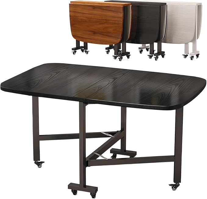 Multifunction Movable Folding Wood Kitchen Dining Table, 39in/47in Multifunction Expandable Folding Table for Small Spaces Kitchen, Bedroom, Living Room, Carbon Steel Pipe Bracket, Brown, White, black