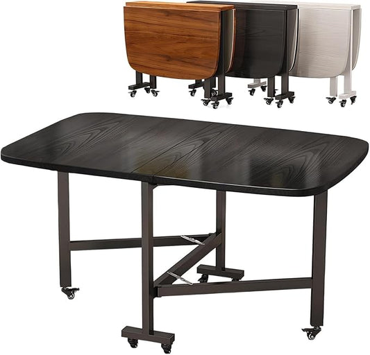 Multifunction Movable Folding Wood Kitchen Dining Table, 39in/47in Multifunction Expandable Folding Table for Small Spaces Kitchen, Bedroom, Living Room, Carbon Steel Pipe Bracket, Brown, White, black