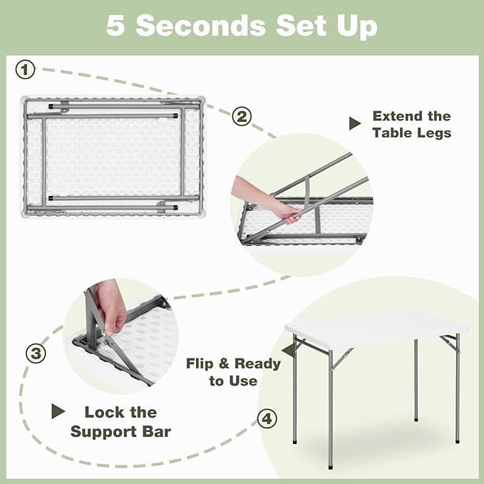 3ft Rectangular Folding Table for All-Occasion, Foldable Table with HDPE Tabletop and Steel Legs, Durable and Stable Small Folding Table, Perfect for Camping, Picnic, Party, Indoor & Outdoor