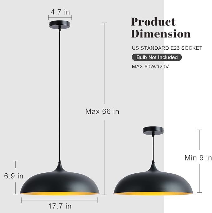 18inch Black and Gold Large Pendant Light, Farmhouse Adjustable Metal Hang Lamp, Vintage DomeCeiling Hanging Light Fixture, Industrial Lighting Fixture for Kitchen Entryway Restaurant Dining Room