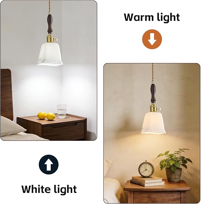 Mini Pendant Light Milky White Glass Pendant Lights Vintage Brass Pendant Lighting Kitchen Island Hanging Lamp with Wood Handle for Bedroom Dining Room (2 Pack)