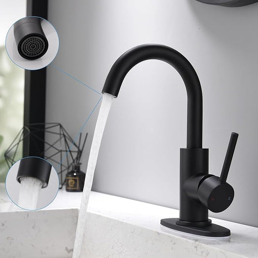 Black Bathroom Faucet | Matte Black Vanity Faucets with Pop-Up Drain, Modern Single Hole Bathroom Sink Faucets with Deck Plate Single Handle Lavatory Faucet 360° Swivel Spout Bar Sink Faucet
