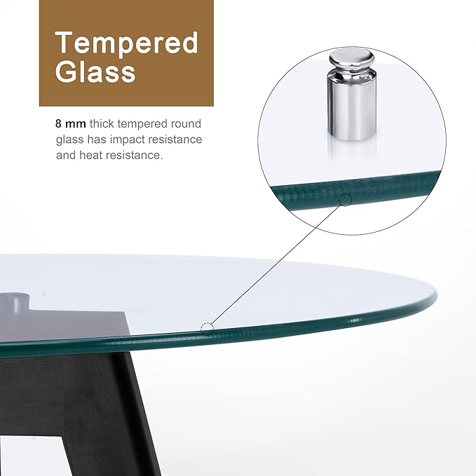 ivinta Round Glass Dining Table for 2-4 People, 31.5" Modern Circle Kitchen Table with Wood Legs for Dining Room Living Room or Restaurant, Space Saving, RD80 (Black)