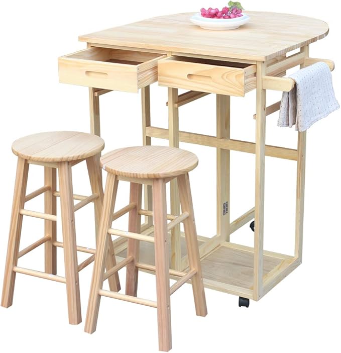 Foldable Dining Table Set, Kitchen Island Trolley Cart with 2 Stools and 2 Drawers Solid Wood Drop Leaf Table Breakfast Cart Bar Dining Room Serving Cart (Semicircle Dining Cart Burlywood 2)