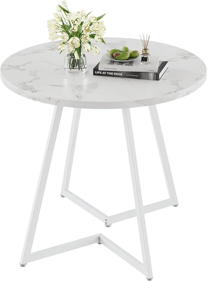 VECELO Round Dining Room Table with Wood Grain Tabletop and Steel Frame, for Kitchen, Living Room, Office, Conference, 2 to 4 Person, White Faux Marble