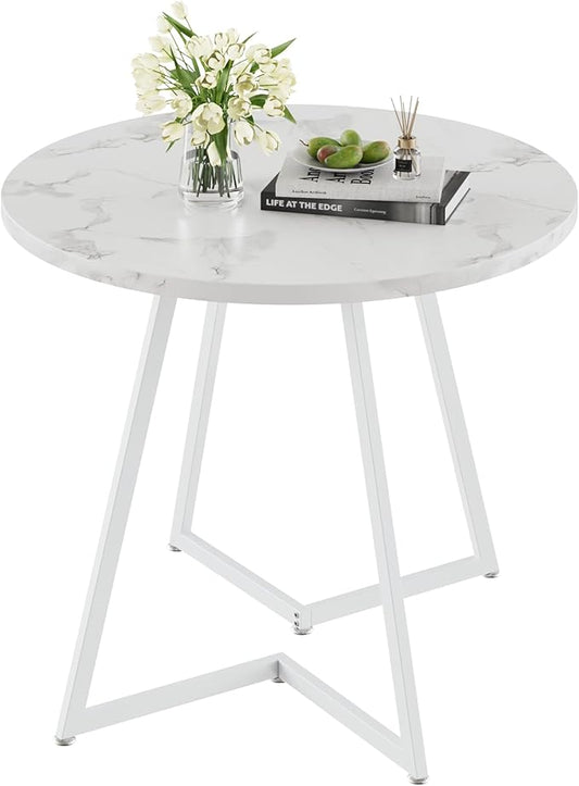 VECELO Round Dining Room Table with Wood Grain Tabletop and Steel Frame, for Kitchen, Living Room, Office, Conference, 2 to 4 Person, White Faux Marble
