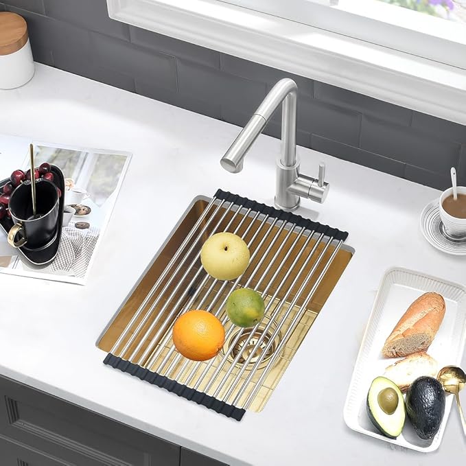 13 Inch Gold Bar Sink Undermount-VASOYO 13x15 Inch Undermount Bar Sink Gold Small Rv Kitchen Sinks Outdoor Island Sinks 16 Gauge Stainless Steel Single Bowl Basin with Bottom Grid