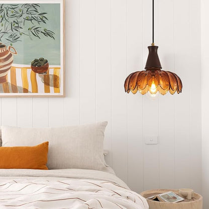 YLONG-ZS Pendant Lights Kitchen Island,Vintage Hanging Kitchen Light Fixtures with Amber Flower Glass，Walnut Wood Color Modern Hanging Pendant Ceiling Light for Island Dining Room Bedroom Living Room