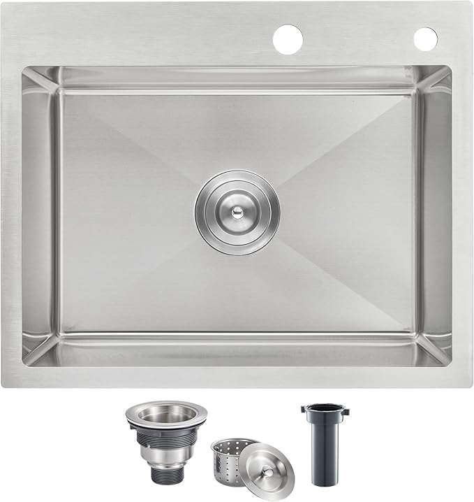 ROVOGO 22 inch Drop in Kitchen Sink Single Bowl, 22"x18" Sink 304 Stainless Steel, 9" Deep Sink Top Mount with 2-Hole & Drain Assembly, Brushed