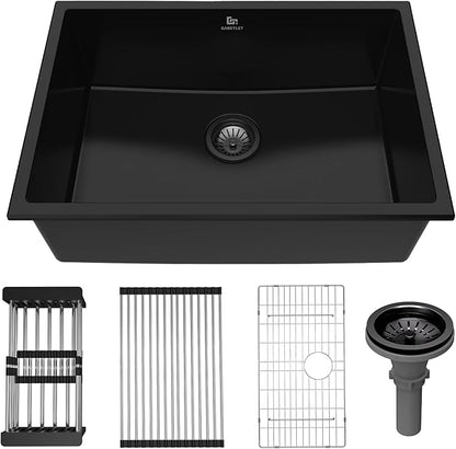 23-inch Granite Composite Kitchen Sink, GABETLET Undermount Quartz Kitchen Sinks with Spacious Workspace and Easy Cleaning, Black Single Bowl Deep Sink with Complete Accessories