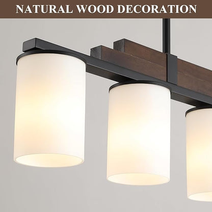 Farmhouse Wood Kitchen Island Lighting, 5-Light Adjustable Chandelier for Dining Room, Milk Glass Shade Dining Room Light Fixture Over Table, Black Hanging Pendant Lights for Kitchen, Pool Table