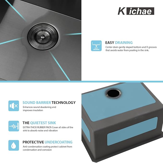 Kichae 23 Laundry Sink Undermount - 23”x18" Black Undermount Utility Sink 13" Deep Stainless Steel 16 Gauge Single Bowl Under Counter Handmade Laundry Utility Room Basin