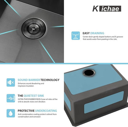 Kichae 23 Laundry Sink Undermount - 23”x18" Black Undermount Utility Sink 13" Deep Stainless Steel 16 Gauge Single Bowl Under Counter Handmade Laundry Utility Room Basin