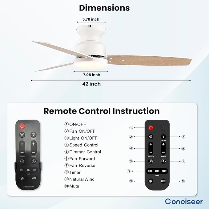 Modern Ceiling Fans with Lights, 42 Inch Ceiling Fan with Light and Remote, Bedroom Living Room Office Outdoor, Flush Mount,18W 3CCT 3 Blades 6 Speed Reversible Quiet DC Motor, White/Wood Grain