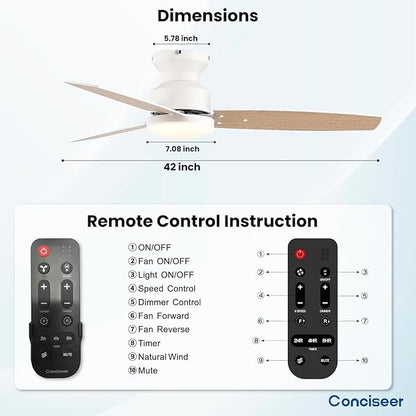 Modern Ceiling Fans with Lights, 42 Inch Ceiling Fan with Light and Remote, Bedroom Living Room Office Outdoor, Flush Mount,18W 3CCT 3 Blades 6 Speed Reversible Quiet DC Motor, White/Wood Grain