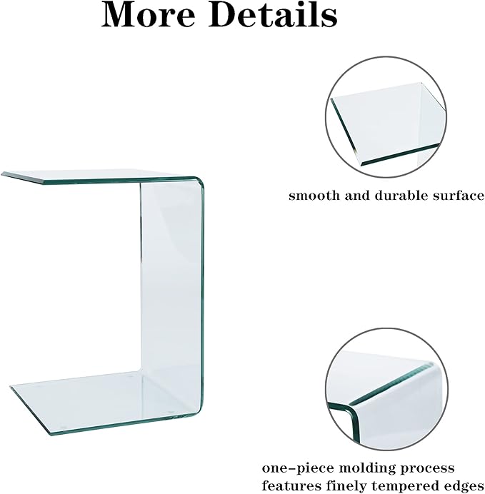 Tempered Glass End Table, Sofa Side Table Clear C-Shape Design for Living Room, Versatile Nightstand with Smooth Edges (C-Shape end Table)