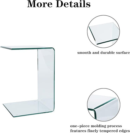 Tempered Glass End Table, Sofa Side Table Clear C-Shape Design for Living Room, Versatile Nightstand with Smooth Edges (C-Shape end Table)