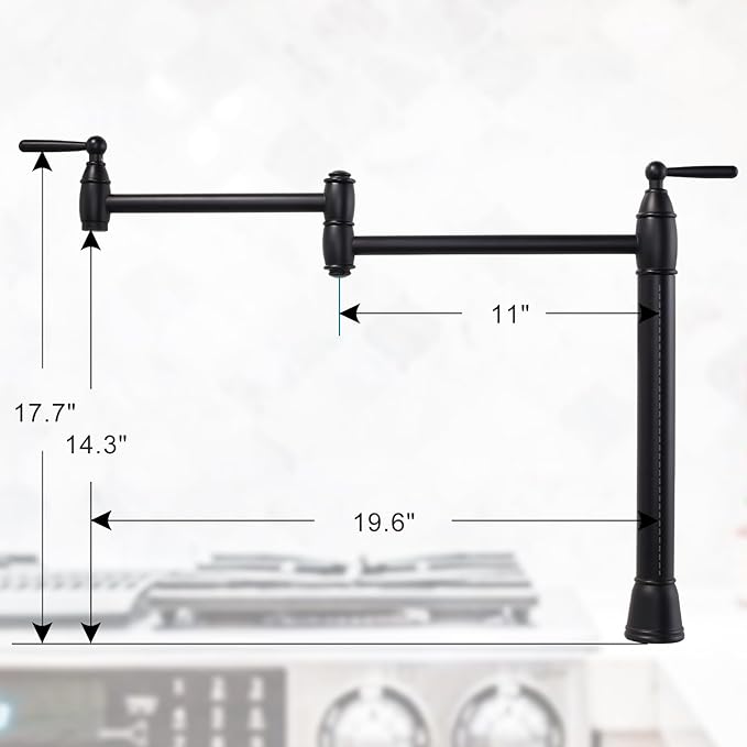 Pot Filler Deck Mount, ARCORA Pot Filler Black Kitchen Folding Faucet 2 Handle with Stretchable Double Joint Swing Arms Brass Stove Faucet Matte Black