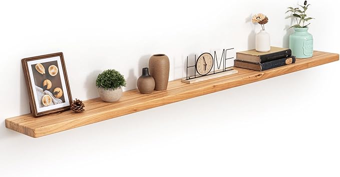 72 Inch Flat Edge Floating Shelves, 8 Inch Deep Solid Elm Wood Wall Shelf, Heavy-Duty Wall Mounted Shelf with Invisible Brackets for Living Room, Bathroom, Kitchen, Set of 1, Natural Color