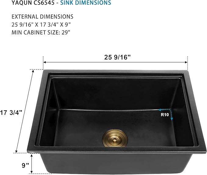 Black Undermount Kitchen Sink 25 Inch - Drop In Granite Quartz Composite Workstation Sink - Deep Single Bowl,Dual Mount,with Accessories（Black, 25.59" X 17.72")