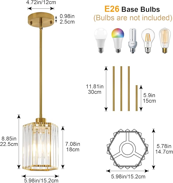 2 Pack Crystal Pendant Lights, Brushed Gold Kitchen Hanging Pendant Light Fixtures, Modern Hexagonal Crystal Pendant Lighting for Kitchen Island, Dining Room, Hallway, Foyer Entryways