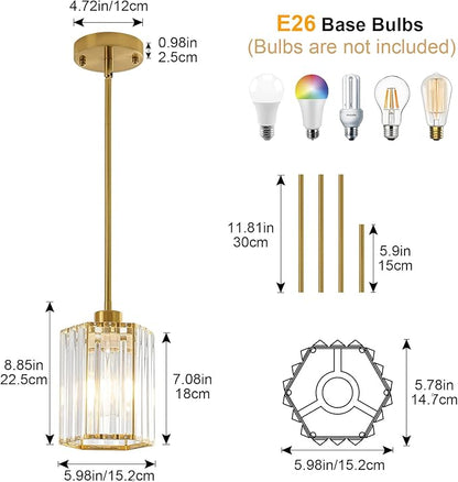 2 Pack Crystal Pendant Lights, Brushed Gold Kitchen Hanging Pendant Light Fixtures, Modern Hexagonal Crystal Pendant Lighting for Kitchen Island, Dining Room, Hallway, Foyer Entryways
