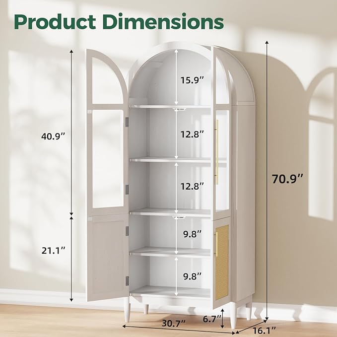71" Arched Storage Cabinet, 5-Tier Modern Farmhouse Kitchen Pantry Cabinet with Glass & Rattan Doors, Adjustable Shelf for Living Room, Dining Room, or Office, White