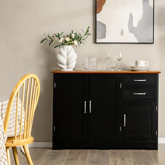 LOKO Buffet Cabinet With Storage, Modern Bar With 3 Doors, 2 Drawers & Adjustable Shelf, Kitchen Sideboard Console Table for Living Room, 43.5 x 16 x 31 Inches (Black)