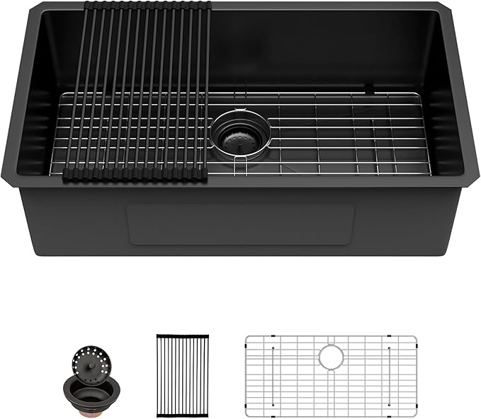 Sarlai 32 Matte Black Undermount Kitchen Sink - 32x19 Inch Kitchen Sink Undermount with Ledge NANO-Tech Round Corner 16 Gauge Stainless Steel Single Bowl Sinks Basin
