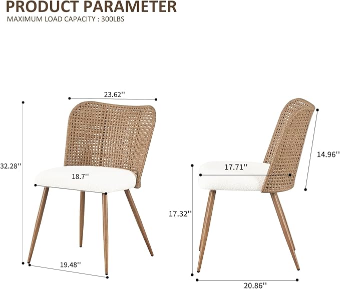 Rattan Dining Chairs, Modern Kitchen Chairs with Cane Woven Backrest Seat, Armless PE Wicker Accent Chairs for Dining Room with Metal Legs,Lamb White