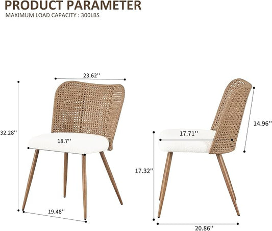 Rattan Dining Chairs, Modern Kitchen Chairs with Cane Woven Backrest Seat, Armless PE Wicker Accent Chairs for Dining Room with Metal Legs,Lamb White