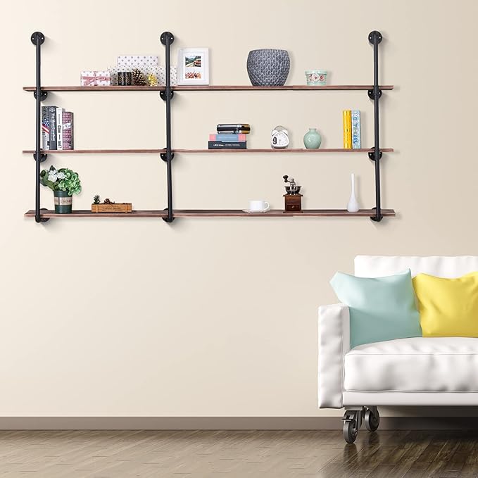 Pynsseu Industrial Iron Pipe Shelving Brackets Unit, Farmhouse Wall Mounted Pipe Shelves for Kitchen Bathroom, DIY Bookshelf Living Room Storage, 3Pack of 4 Tier